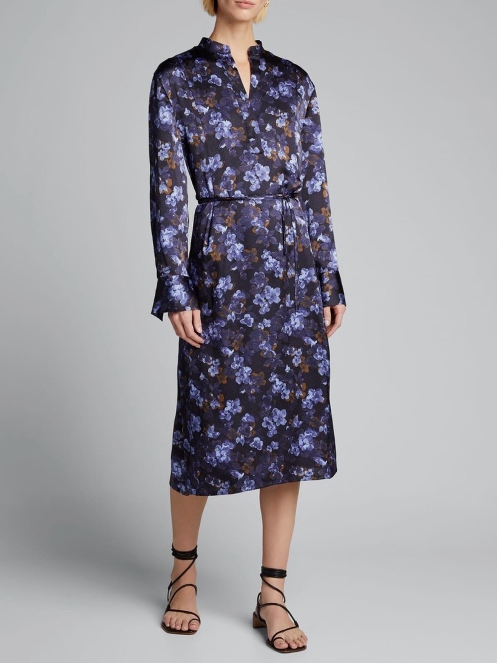 🖤Vince🖤 Plumeria Blooms Long Sleeve Hammered Satin Dress - Medium